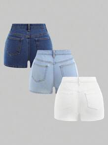 SHEIN Girlism Teen Girl Y2K Spring Summer Break Solid Light Washed 3 Pcs Low Waist Slanted Pocket Denim Mini Shorts, Brunch,Beach Vacation,Country Concert Festival, School, Campus, College - Multicolor - View 2