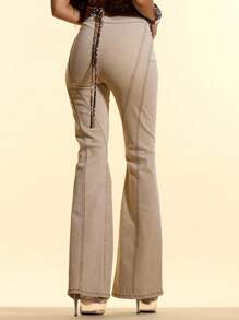 MUSERA 低腰系带修身喇叭牛仔裤，饰有缝线细节，适合夏季伊比沙岛波西米亚风音乐节、性感夜店派对、演出后派对、冬季西部牛仔风、纳什维尔派对等场合，尽显时尚春季风情。 - 卡其色 - 查看 4