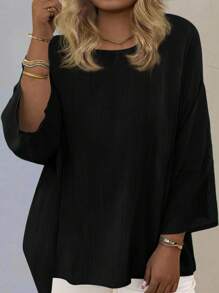 Linhara Plus Solid Batwing Sleeve Blouse - Black - View 1