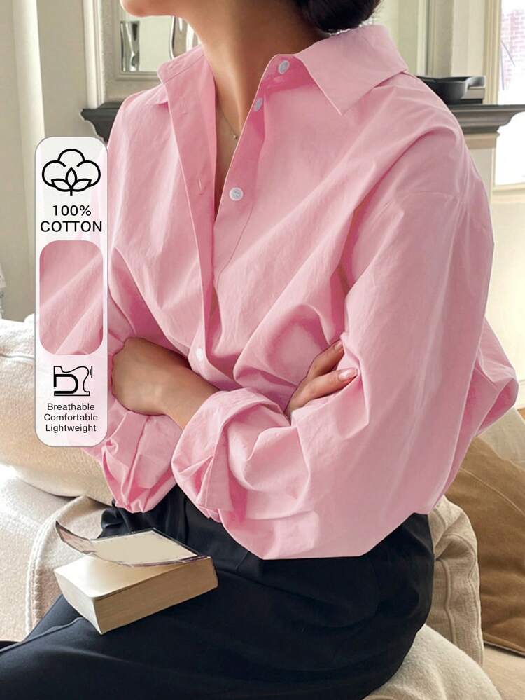 Solid Color Front Button Casual Versatile Loose Long Sleeve Shirt