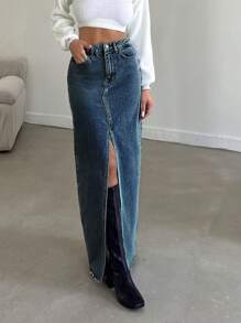 Women's Casual Denim Skirt With Pockets & Side Slit - Teal Blue - View 4
