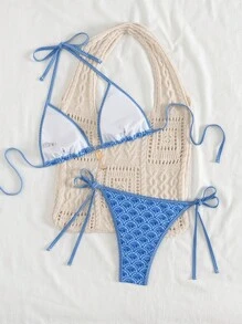 Swim Mod 女式新款性感吊带前裤侧系带低腰三角比基尼套装，全身印花，夏季 - 藍色 - 查看 2