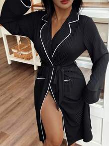 Women's Casual Color Block Trim Bathrobe, Fall, Cozy Outfits