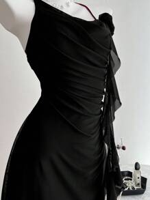 Elamini Spring/Summer Casual Vacation Mesh 3D Flower Cutout Back Mini Dress For Women - Black - View 4