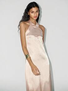 SHEIN LUNE Women's Sleeveless Dress, Elegant For Party Occasions Satin Long Dress Halter Neck Satin Dress Modest Wedding Guest Dress Women - Champagne - View 4