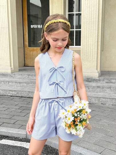 Tween Girls Casual Fashion Blue & White Striped V-Neck Sleeveless Shirt With Bow Decor, Drawstring Waist Shorts 2-Piece Set, Back To School, Mommy And Me Matching Outfits, Spring/Summer