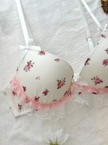 DelicateAllure Sujetador con decoración de lazo, doble capa y orilla en forma de pastel, de malla con estampado floral pequeño, romántico y lindo, estilo kawaii