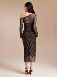 Ishaarah Zebra Printed Transparent Mesh One Shoulder Bodycon Midi Dress With Inner Dress Elegant Party Fall Clothes Homecoming Dress Modest - Brown - View 2