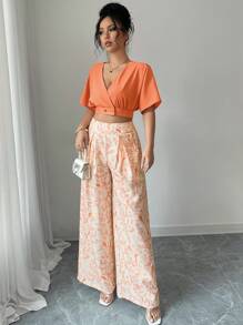 Calvaya 2pcs/Set Women Summer V-Neck Short Sleeve Button Blouse & High Waist Wide Leg Pants