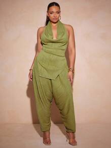 Vixey 大码纹理针织口袋哈伦裤 - 芥末黃 - 查看 6