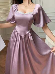 DAZY 女士蕾丝拼接中长连衣裙，荷叶边袖口和系带腰身，优雅夏季女装 - 紫色 - 查看 10