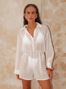 Swim Chiccia Mono de mujer de manga larga con caída de hombros, abotonado hasta la mitad, de un solo color, para vacaciones - Blanco - Ver 4