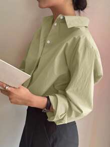 DAZY Áo sơ mi rộng rãi đơn hàng ngày tay dài màu trơn dành cho nữ - màu xanh lá - Xem 3