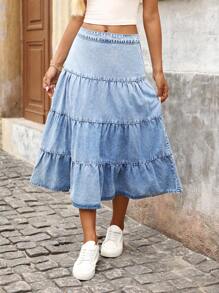 EMERY ROSE Váy Mini Denim Viền Xếp Nếp Thường Ngày Cho Nữ - Rửa trung bình - Xem 7