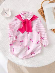 SHEIN Babygirl 休闲粉色和白色条纹蝴蝶结领口披肩连衣裙 - 粉色 - 查看 8