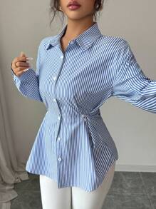 Modelyn Camisa casual de mujer de manga larga con hombros caídos, de un solo pecho y a la cintura, con rayas
