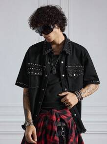 ROMWE MEN Street Life Men's Street Casual Frayed Button Short Sleeve Denim Shirt - Black - View 7