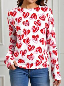 SHEIN LUNE Große Größen Herz Muster Langarm T-Shirt, geeignet für Herbst und Winter