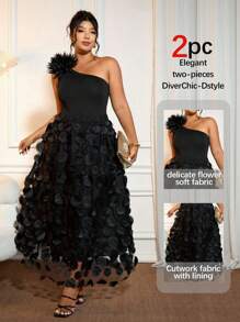 Cravure Plus Size Women's Party Knitted Shoulder Cut Out Floral Top & Double Layer Sheer Maxi Skirt 2 Pieces Set