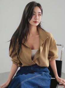 Dazy-Less Women's Loose Business Casual Long Sleeve Cardigan Blouse, Simple Solid Color, For Office Commute, Spring/Summer/Autumn