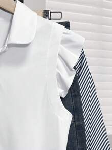 INAWLY Women's Fashionable Solid Color Collared Ruffle Sleeve Button Up Shirt - White - View 4