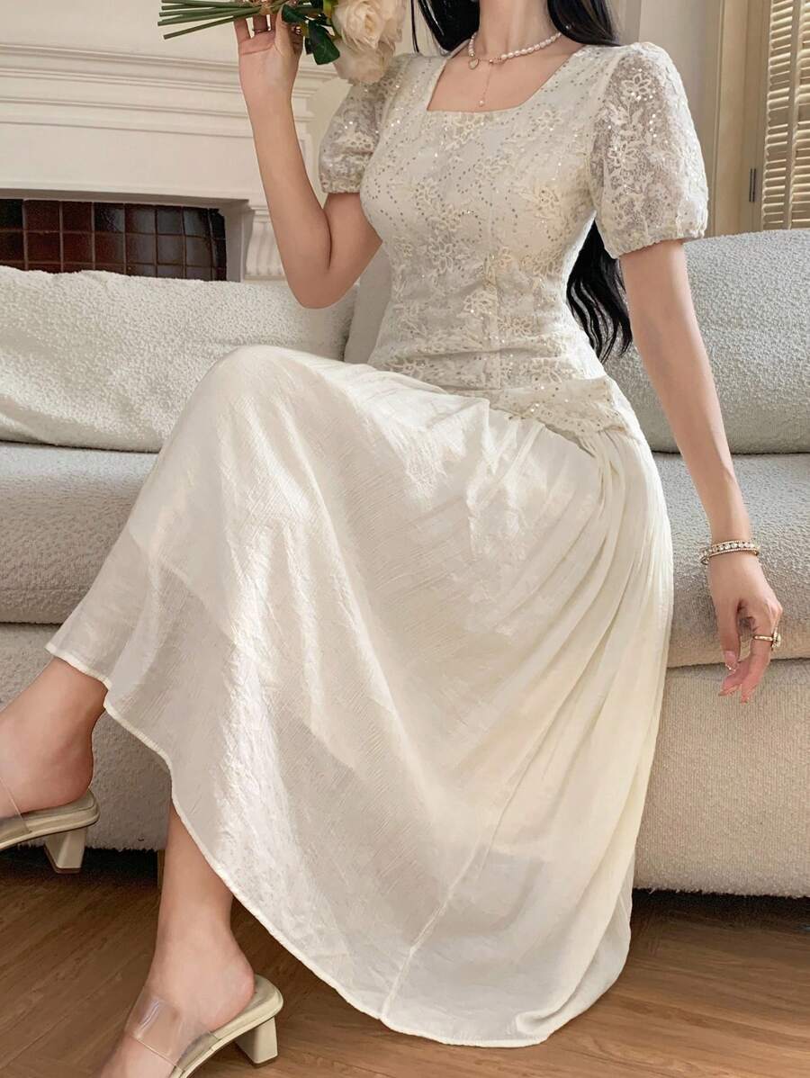 DAZY 优雅蕾丝中长连衣裙女,精致美丽高端腰线度假风白色连衣裙 - 米色 - 查看 1