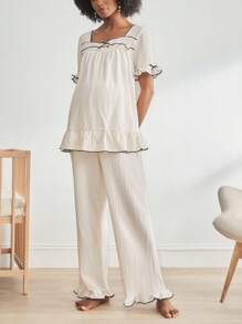 Moonlight&Mama Contrast Color Trim Bowknot Ruffle Decorated Short Sleeve Top & Long Pants Maternity Loungewear Set Holiday Season - Beige - View 4