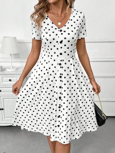  Women's Polka Dot Print V-Neck Casual Short Sleeve Mid-Length Summer Dress SHEIN Clasi Elegant Dress Women Women's Autumn New Batwing Sleeve Polka Dot Dress, Black & White Color, Fit For Daily Commute, Versatile For Multiple Occasions All White Party Outfit Women Polka Dot Vintage Clothes Women School Clothes Polka Dot Dress Office Outfits For Women