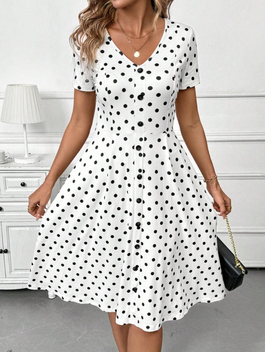 SHEIN Clasi Women's Polka Dot Print V-Neck Casual Short Sleeve Mid-Length Summer Dress