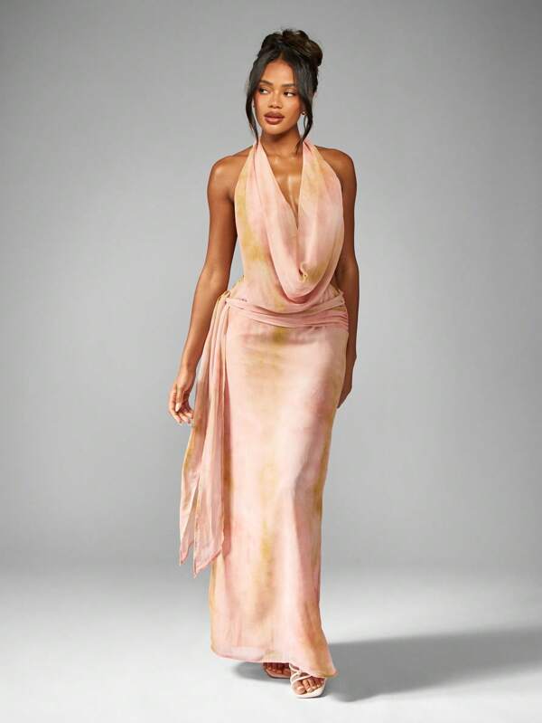 MISSGUIDED Chiffon Cowl Neck Halter Maxi Dress With Open Back Elegant Summer Wedding Guest Draped Floor Length Gown Special Occasion Formal Evening Wear