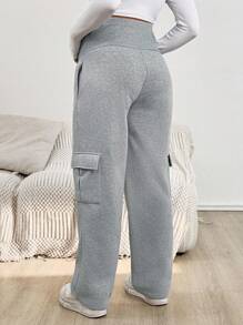 SHEIN Maternity Solid Color Adjustable Waistband Utility Pocket Casual Sweatpants Fall Winter Clothes Pregnancy Sweatpants Maternity Sweatpants Maternity Pants Grey Sweatpants Women Pregnancy Pants - Light Grey - View 2