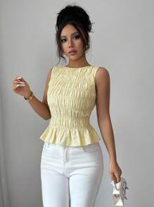 Chiquease Women's Summer Vacation Solid Color Ruffle Hem Camisole Creamy Yellow Clothes For University - Yellow - View 5