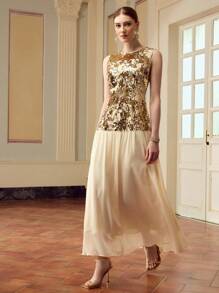 ZEYLAH Đầm không tay cổ tròn đính sequin thanh lịch cho nữ - Màu be - Xem 5