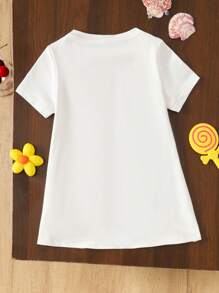 Abito-T-Shirt casual e dolce da bimba, con collo rotondo, colore bianco tinta unita, con ricamo, ampio