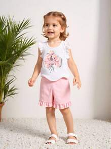 SHEIN Genkimix Kids Conjunto de niña pequeña (talla pequeña) de top de camisol con volantes y estampado jacquard blanco y shorts con volantes rosados, conjunto de verano adorable para niña joven