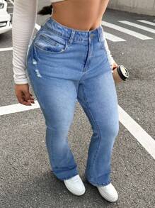 SHEIN EZwear 女士夏季秋季返校节万圣节 Y2K 2000 年代可爱街头服饰哥特摇滚科技生日夜外出俱乐部机场喇叭牛仔裤，带蝴蝶结装饰，蓝色高腰 Y2K 复古牛仔裤，带蝴蝶结 - 藍色 - 查看 3