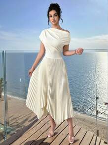 Firerie Elegant Cream White Summer Off-The-Shoulder Pleated Dress For Women,Asymmetrical Hem Imitation Linen Skirt,Holiday Beach Tea Party Birthday Outfits - Black - View 2