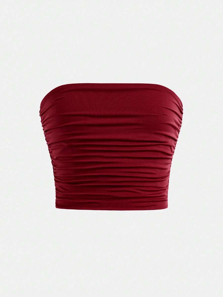 青少年女孩简约舒适侧褶抹胸 - 酒紅色 - 查看 1