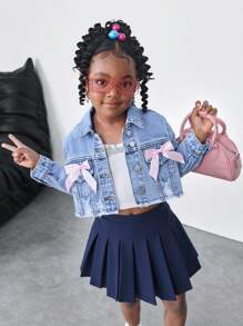 SHEIN 年轻女孩可爱甜美粉色蝴蝶结蓝色宽松短款牛仔夹克，春夏休闲度假乡村波西米亚风装 - 淺色水洗藍 - 查看 7