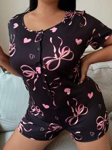 SHEIN Plus Size Bow & Heart Print Fitted Sleep Jumpsuits - Black - View 3