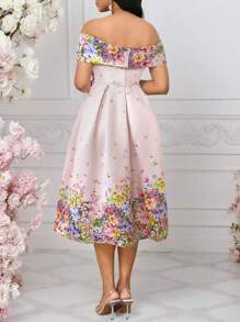 SHEIN Lady 女士花卉印花 V 领单肩露肩优雅婚礼宾客鸡尾酒会礼服 - 粉色 - 查看 2