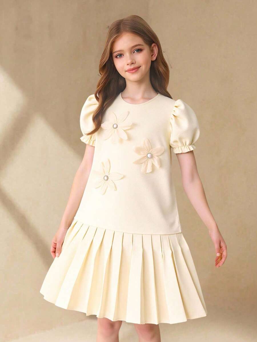 Tween Girl Elegant Solid Color 3D Flower Decor Puff Sleeve Dress, Summer, Filipiniana Terno - White - View 1