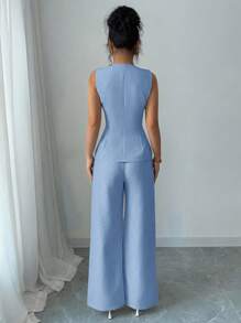 Elenzga 2-Pcs Plus Size Solid Color Front Button Sleeveless Top And Long Pants Set - Blue - View 2