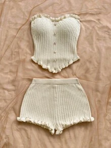 Soleia 女士度假休闲荷叶边珍珠金属扣装饰抹胸和荷叶边针织短裤套装，适合派对、约会、分层穿着或外套 - 杏色 - 查看 5