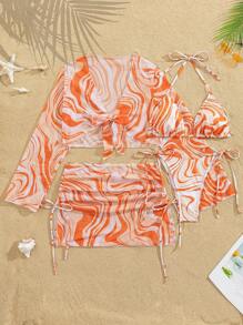 SHEIN Swim Bộ đồ bơi 4 món/bộ in họa tiết sóng tối giản cho nữ, quần bơi, áo bơi dài tay và váy bơi - trái cam - Xem 6