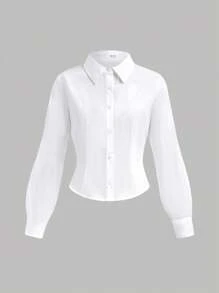 SHEIN Girlism Chemise blanche courte basique décontractée à manches longues et taille resserrée pour adolescentes, décontractée, preppy, Y2K, rentrée scolaire