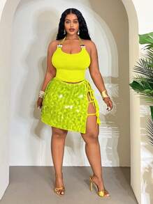 Slaydiva Women's Plus Size Lime Green 2pcs Set, Summer Beach Vacation Holiday Y2K Outfit:Beaded Spaghetti Strap Camisole Top And Bodycon Sequin Mini Skirt - Green - View 3
