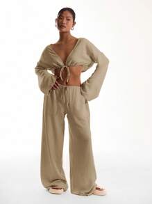 MUSERA Pantaloni de plajă cu imprimeu de in și cordon, cu nod în față, pentru vacanță, vară, primăvară, elegantă, stil boho, casual, ținută de aeroport