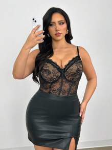 Firerie 加大码优雅舒适性感蕾丝撞色网眼弹力连体衣，适合女士，适合情人节、音乐会、表演、约会、正式派对、庆典、性感、优雅、通勤、海滩、办公室女神、美人鱼风格、生日派对 - 黑色 - 查看 5