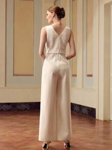 ZEYLAH Jumpsuit Wanita Elegan Minimalis dengan Kancing dan Resleting Setengah, Musim Panas - Aprikot - View 3